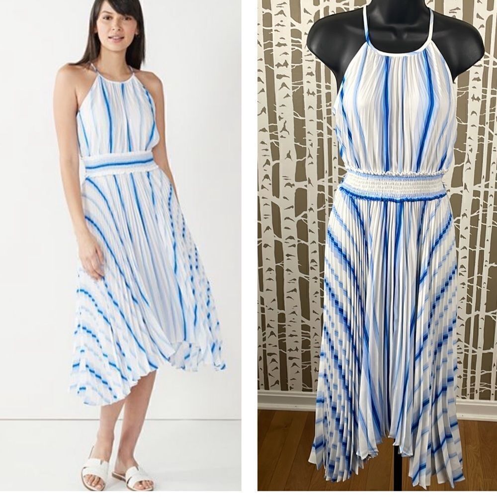 Nine West blue white accordion pleated shark bite hem high neck midi dress NEW - Picture 9 of 16